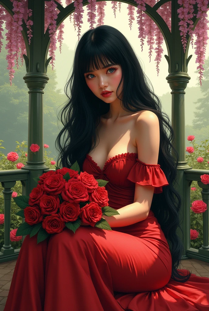 beautiful woman, white skin, wearing a black corset, Round red dress made of red rose petals, long curly black hair, red lipstick, delicate, broad shoulders, extremely delicate skin, Beautful, masterpiece, in the background a bush landscape, sunset sun, mountains