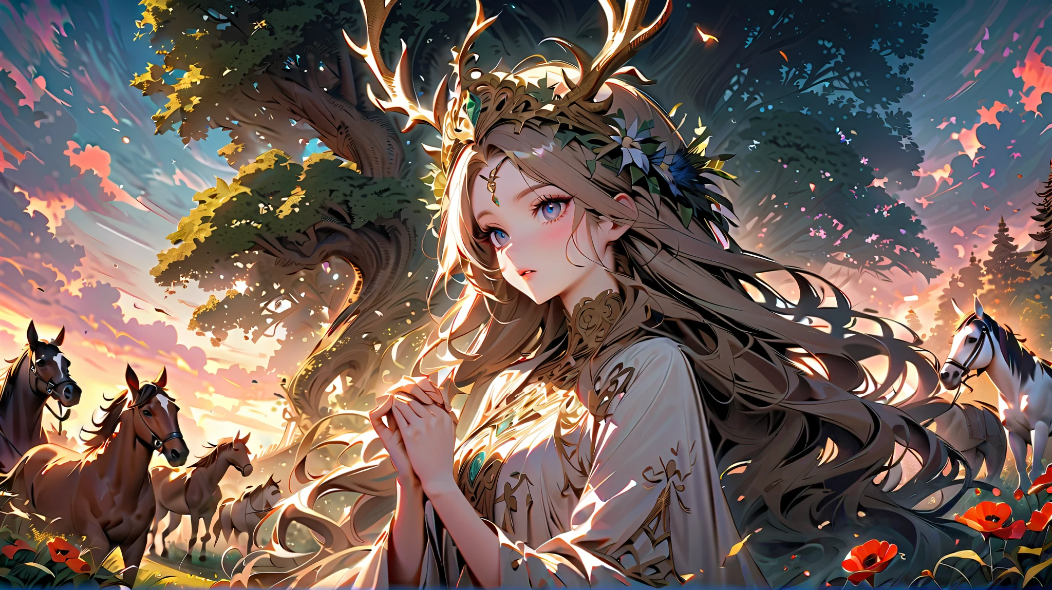 Create an image of the goddess Epona, embodied as a majestic and gracious figure standing in the center of a lush, mystical landscape. Her long, wavy, wheat-colored hair is woven with wildflowers and gold threads, and on her head she wears a crown of intertwined antlers and oak leaves, symbolizing her connection to nature and animals. Her robes flow with light fabrics in earthy tones – deep greens, ochres, and azure – adorned with Celtic designs and fertility symbols. Around her graze a herd of horses, strong, graceful animals with glossy coats, some looking up at her with devotion, others peacefully nibbling the grass. In the background are rolling hills of emerald grass, ancient oak trees, and a stream sparkling in the soft light of sunset. The air is filled with a golden glow, and at Epona’s feet, poppies and cornflowers bloom, creating an aura of life and abundance. Her hands are extended in a gesture of blessing, and her eyes reflect the wisdom of the ages and the serenity of the eternal cycle of nature. The style is anime with elements of fantasy, rich colors, detailed textures and a soft glow that emphasizes her divine essence.