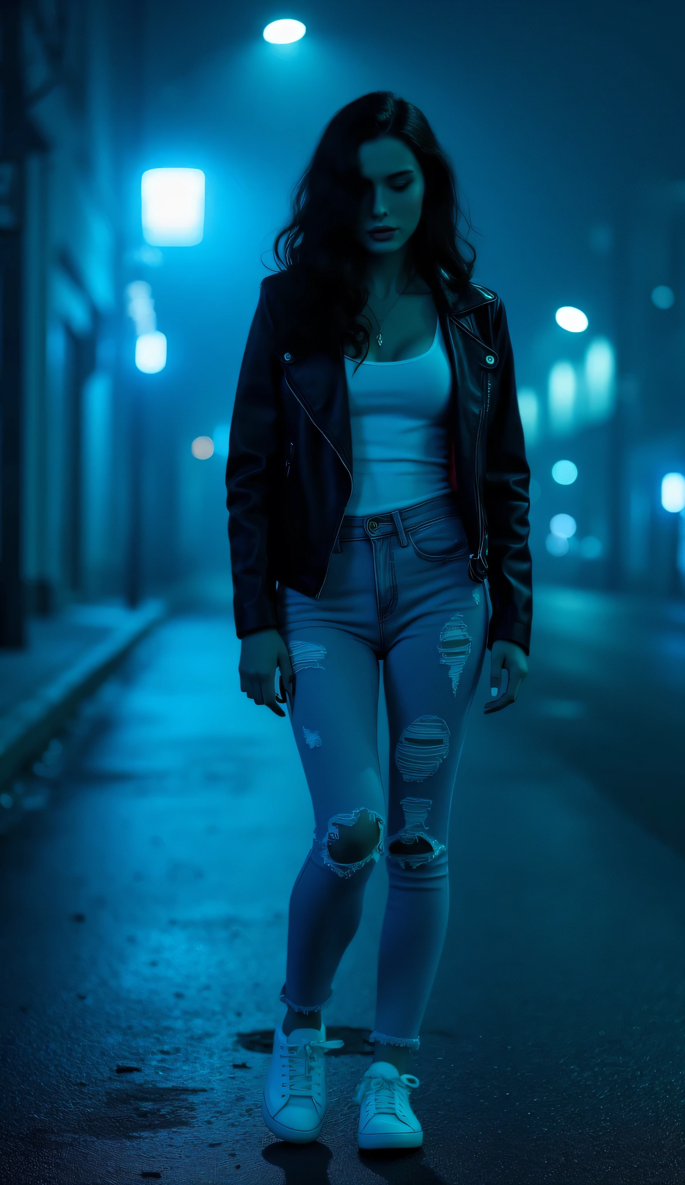 A full body side shot of a beautiful woman with dark wavy hairstyle, ((very pale skin)), looking down, walking along an empty street at night, dressed in a short black leather jacket, pure white tshirt, torn light blue skinny jeans, white sneakers, cinematic shot, cinematic composition, portrait, close up, thick mist, ((((deep dark sapphire blue color)))), at night, darkness, shadow, masterpiece, digitalart, painting, split complementary palette, muted, monochromatic, achromatic, (cinematic artistic composition), best quality, (ancient feel), philosophy, (flickers of floating glowing tiny blue particles), (((digital art style))), brushstrokes, artistic