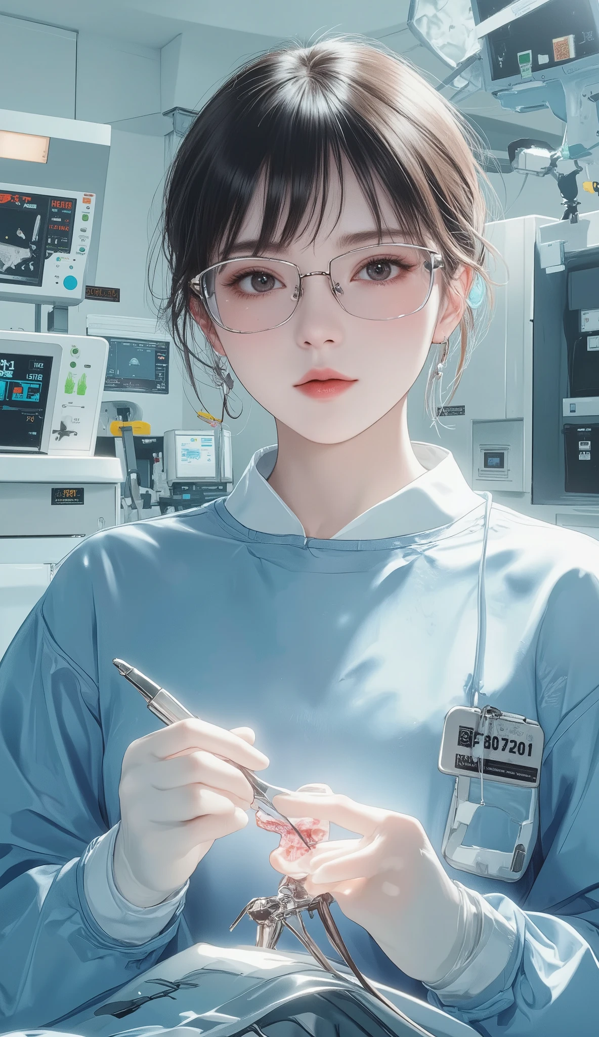 masterpiece, best quality, ultra resolution, perfect anatomy, one young woman, detailed face and eyes, is being operated on wearing a surgical gown、glasses、genius doctor、Latest Machines、 Operating Room
