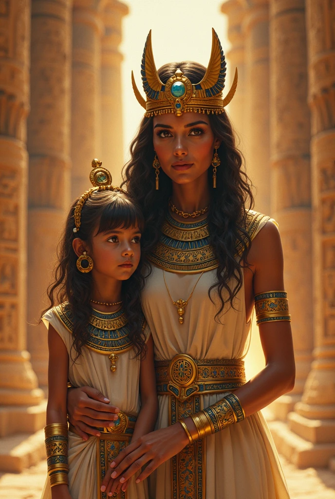((Best Quality, 8k, Masterpiece: 1.3)), Rawphoto, Photorealistic portrait of Cleopatra playing with her son, regal egyptian attire, cinematic, high detailed, visually stunning, natural-looking
