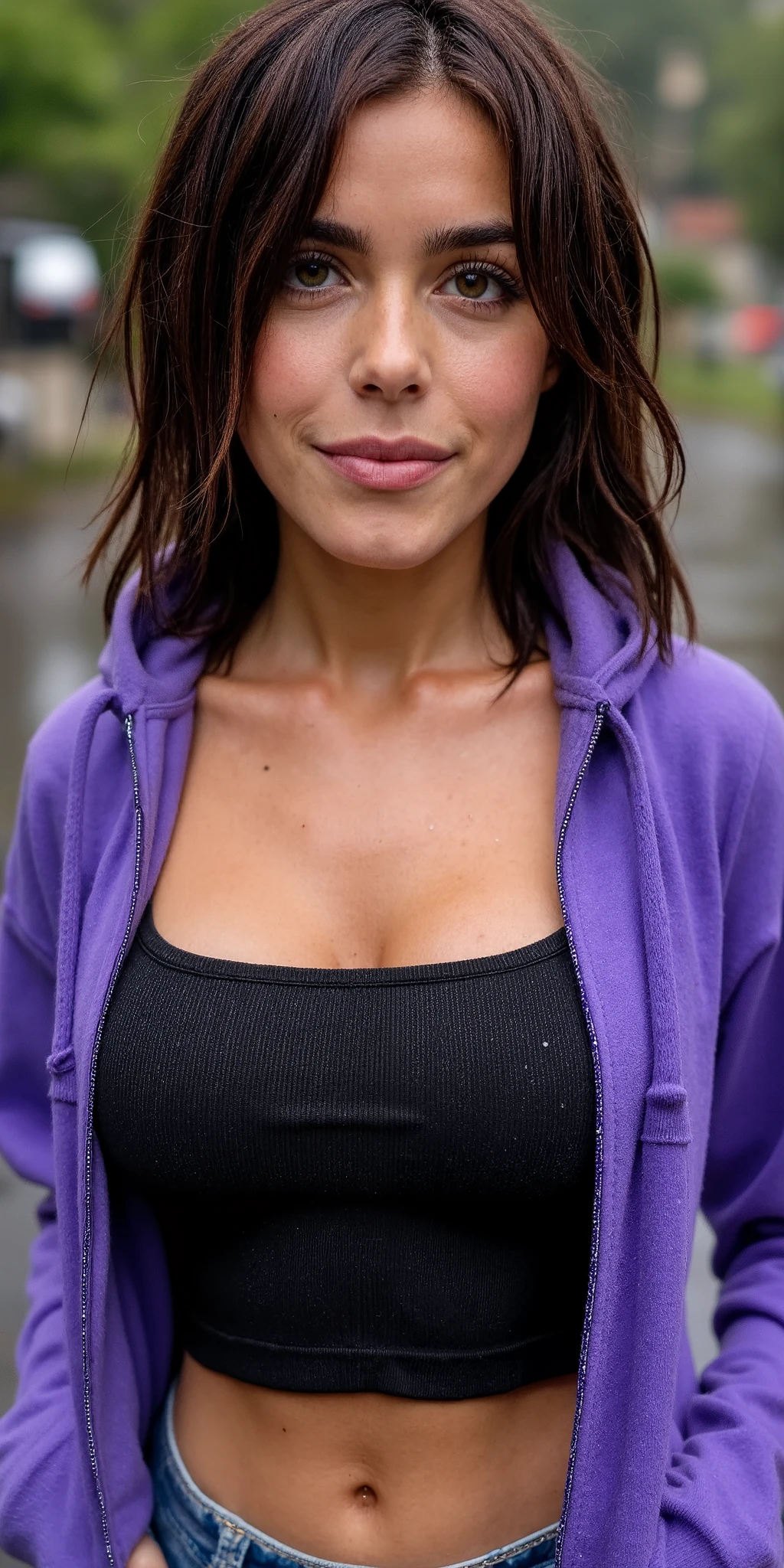 ((close-up portrait)) beautiful wet woman walking in the rain, busty, fit, light tan, shoulder length dark brunette hair, hair covering one eye, water running down her chest, Big breasts, form fitting tank top, crop top, purple open hoodie, hood down, head tilted down, hands in her pockets, natural lighting, wet hair, wet clothes, wet skin