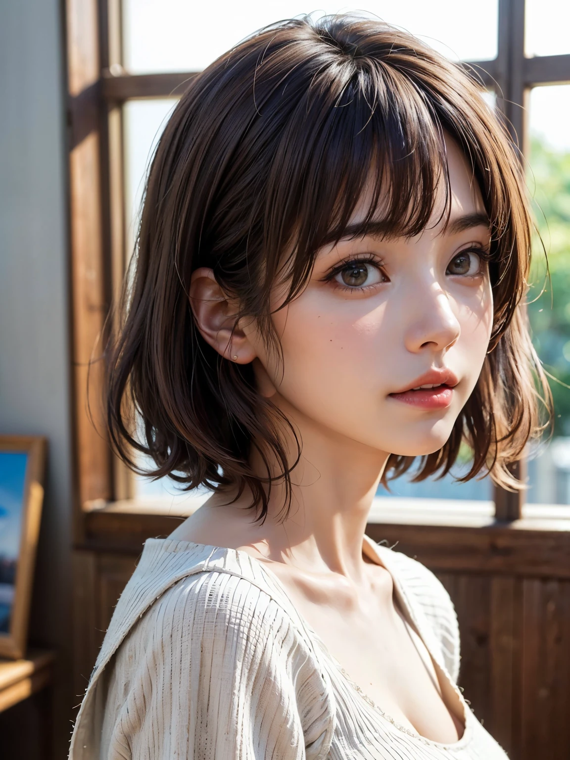 Short hair and white Summer knitwear, Summer knitwear, short hair, short hair with bangs, Girl with a cute face, Portrait of a cute beautiful face, French bob, White skin!!, Short brown hair and big eyes, soft portrait shot 8k, beautiful light、big eyes, beautiful girl, Young girl with bob haircut, better image quality, masterpiece, Leonardo da Vinci'Da Vinci notebooks, Leonardo da Vinci'manuscript in the background,Russian young girl,ultra-realistic photo portrait,studio quality