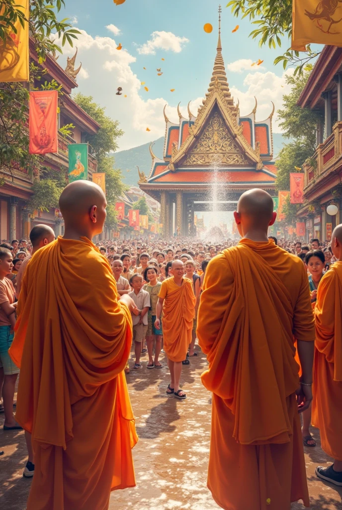 A surreal image of Thai people and villagers paying respects. Thai family Standing monk holding an alms bowl. Monks. The realism of the temple., Realistic photorealism, perfect, high detail, sharp, 8k, fantasy art, realistic.