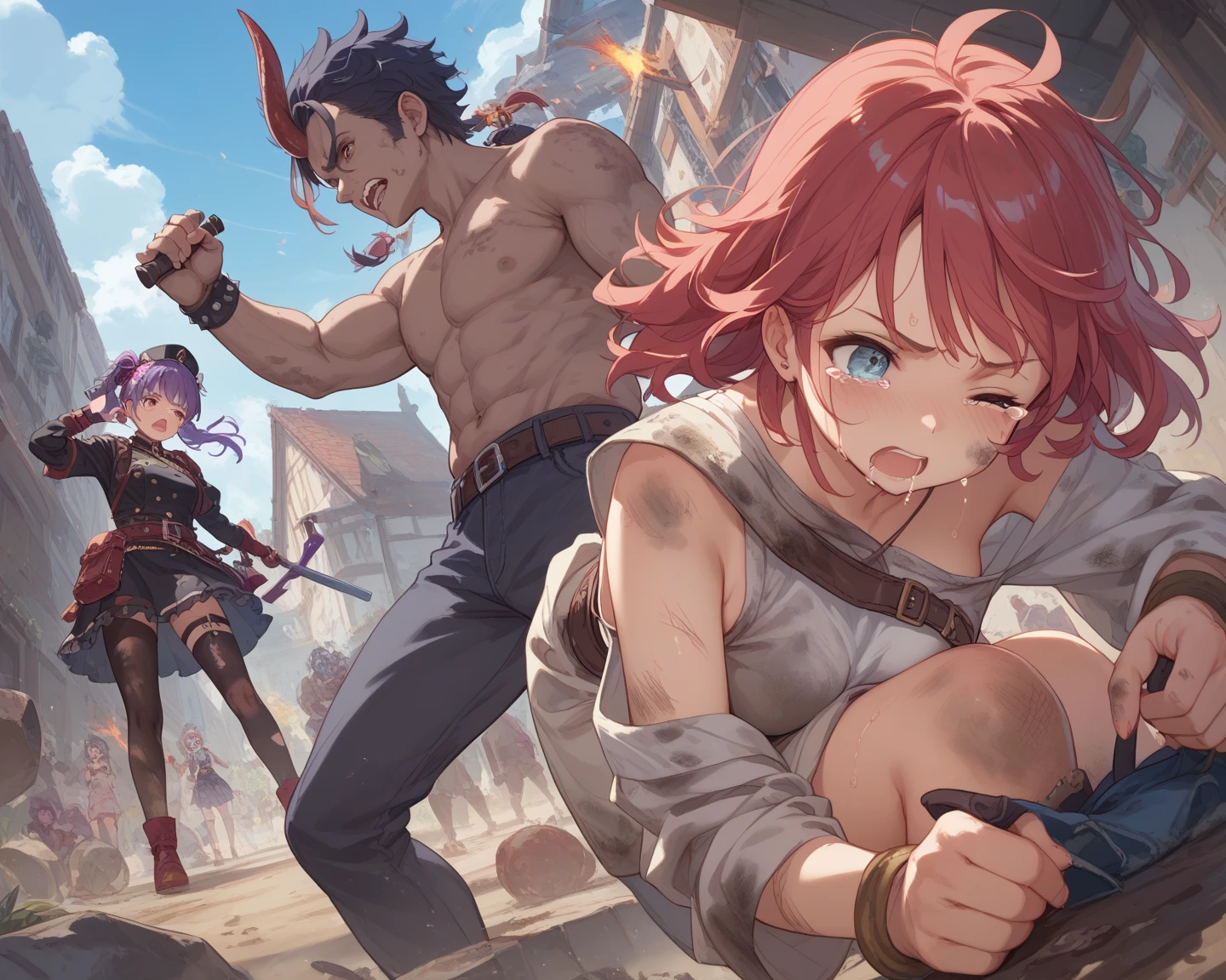 masterpiece, best quality,1girl, 1boy, holding, holding weapon,