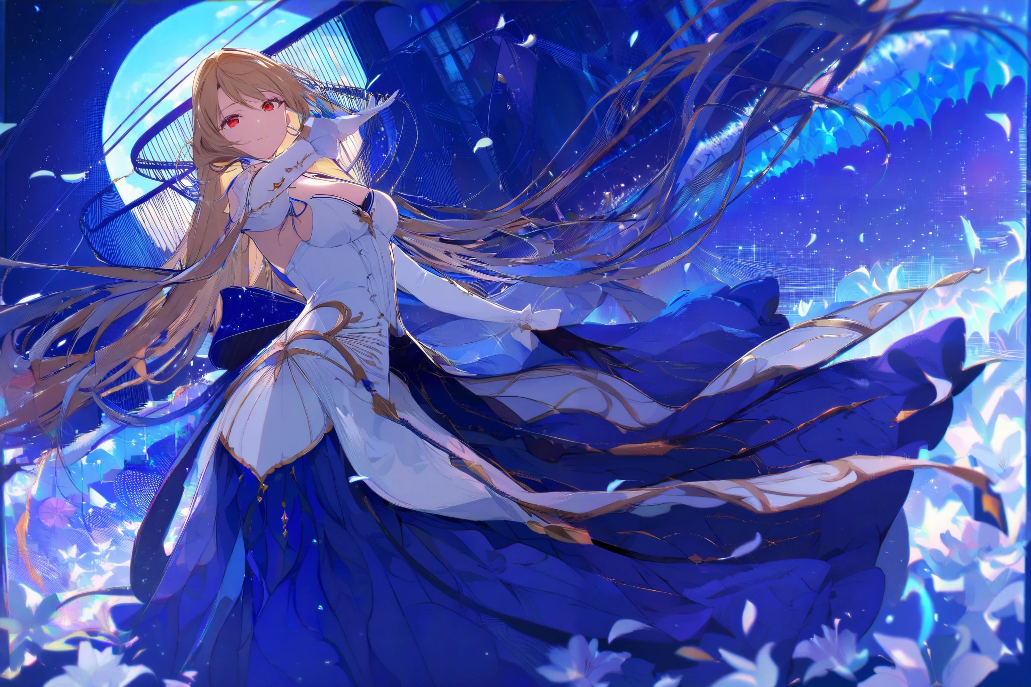slightly off-center to the left, is depicted in a dynamic pose.  She has long, flowing, blonde hair that extends throughout the image. Her eyes are red, and she has a determined expression. Her attire consists of a flowing, white bodice with intricate gold detailing, over a deep blue gown. The gown has intricate details and flowing fabric that catches the light. She wears gloves that match the color of the bodice.  The setting is a nocturnal scene with a full moon and architectural structures in the background, in shades of deep blue and dark-grey.  The backdrop is filled with light-blue falling petals and scattered glowing particles.  The lighting is soft and diffused, emanating from a directional source that highlights the character and her attire, producing a dramatic effect. The style is anime, with a focus on intricate details and vibrant colors, characterized by a dreamy atmosphere. The overall composition is dynamic and expressive, with emphasis on the character's motion and the interplay of light and color. The perspective is slightly elevated, offering a wide view of the character. Anime face red eyes