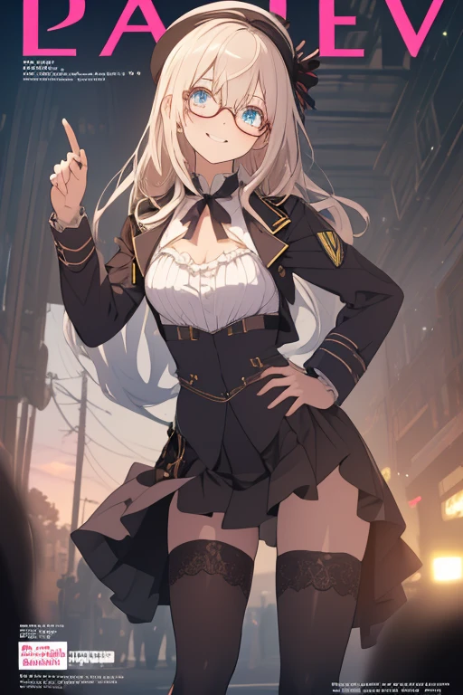 (masterpiece), best quality, expressive eyes, perfect face, upper body, facing viewer, Fischl 'Genshin Impact', small breasts, collarbone, eye patch, in a oversized black suit, deep cleavage, wool cap, navel, midriff, v, light smile, smug face, half closed eye, tongue, closed mouth, night city,