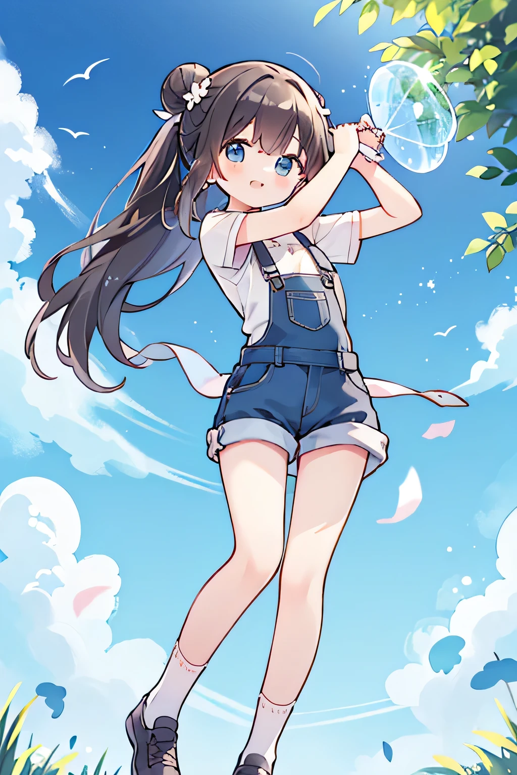 Top Quality、High Resolution、(high image quality:1.2)、masterpiece、detailed background、very detailed face、detailed eyes、age beauty、anatomically correct、perfect body line、Lively and active、Cute innocent smile、white and yellow striped t-shirt、pure enjoyment、a scene that makes you feel a sense of like free energy、soft hair fluttering in the wind、

(a scene where the expanse of the sky and the fresh atmosphere of the park harmonize:1.5)、
(kicks out your legs to the fullest and soars high and high while catching the wind:1.5)、

eyes sparkle in the distance、has an innocent smile as if flying through the sky、The blue sky is spreading and white clouds are gaping、denim overalls shorts、denim shorts、 short socks with ruffles 、Half Up Ponytail、side bun twin、cute