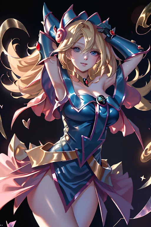 Dark_Magician_Girl, 1girl, solo, big breasts, cleavage, bare shoulders, illustrations, details, best quality, long hair, yellow hair, green eyes, hair between the eyes, outside the shoulders, boots, depth of field, expressiveness, official art, illustrations, very shy expression, pink nipples, perfect breasts, p3rfect chest, eye contact, cum , Full-body cum,Lick cum