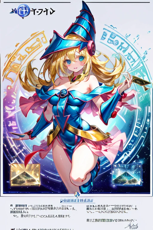 (Obra maestra:1.2), (La mejor calidad:1.2), perfect lighting, Chica Maga Oscura lanzando un hechizo, flotando en el aire, tetas grandes, escote, fondo de magia. Corazones transparente en el hambiente, bata azul, sombrero grande, desde arriba, Destellos, Yugioh Card en el fondo