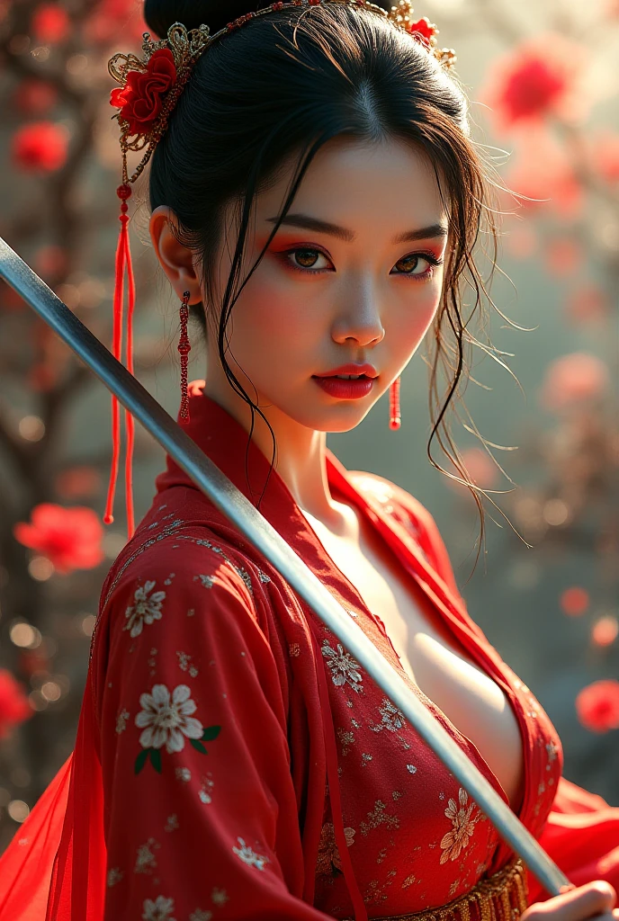 beautiful japanese woman with big breasts in revealing kimono and katana