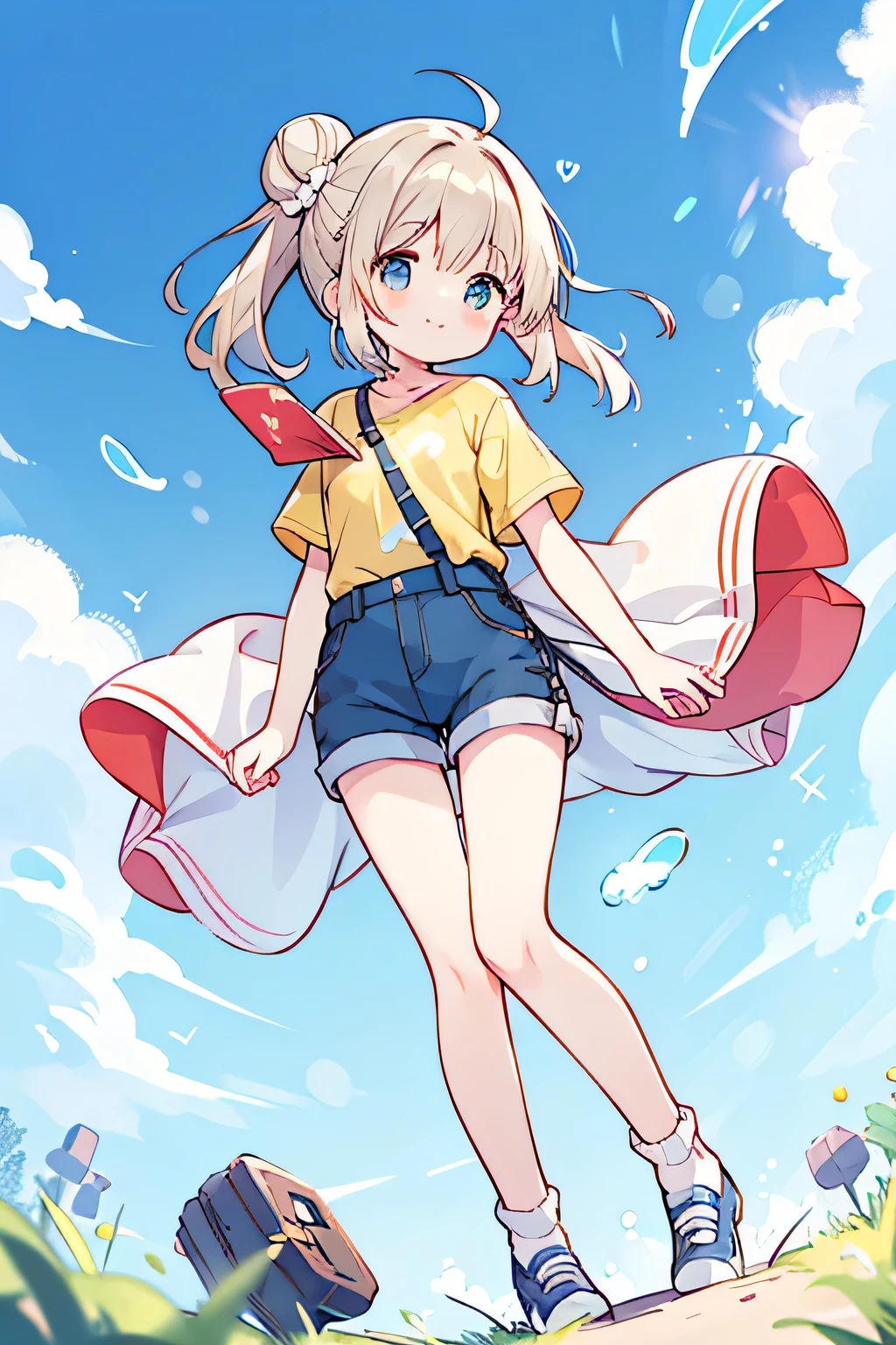 Top Quality、High Resolution、(high image quality:1.2)、masterpiece、detailed background、very detailed face、detailed eyes、age beauty、anatomically correct、perfect body line、Lively and active、Cute innocent smile、white and yellow striped t-shirt、pure enjoyment、a scene that makes you feel a sense of like free energy、soft hair fluttering in the wind、
(a scene where the expanse of the sky and the fresh atmosphere of the park harmonize:1.5)、
(kicks out your legs to the fullest and soars high and high while catching the wind:1.5)、
eyes sparkle in the distance、has an innocent smile as if flying through the sky、The blue sky is spreading and white clouds are gaping、denim overalls shorts、denim shorts、 short socks with ruffles 、Half Up Ponytail、side bun twin、cute