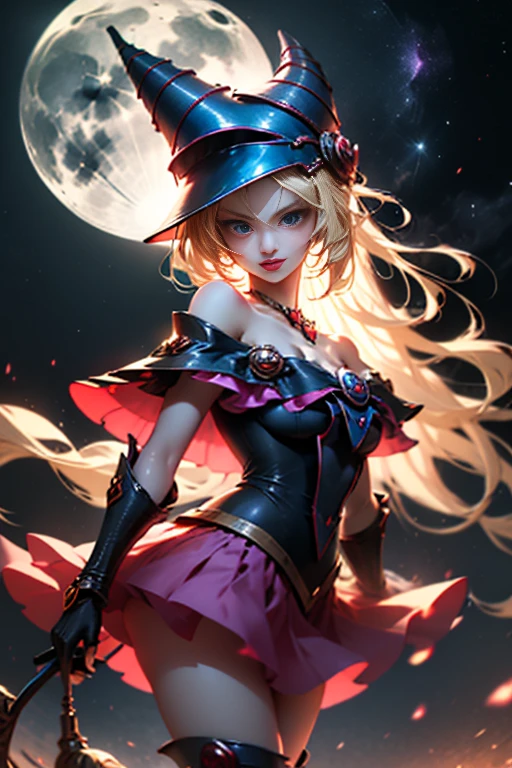 Una masterpice、La mejor calidad、(1 girl in)、(dark magician gils:1.3)、Lente vaquero、En el cielo nocturno、luces de luna、por la noche、Guante、ojos azules、Fondo de galaxia、Mini falda plisada azul oscuro:1.3,Blanco:1.4, dark magician gils :1.1,Large bust:1.2,Leche rica:1.2 cabellos rubios:1.2、una sonrisa,Hair ornamentsheart brooch:1.2、arete、creciente、heart necklace、Heart Mark、Pelo extra muy largo、Botas largas、Botas rojas hasta la rodilla:1.1、piernas largas,falda grieta:1.3