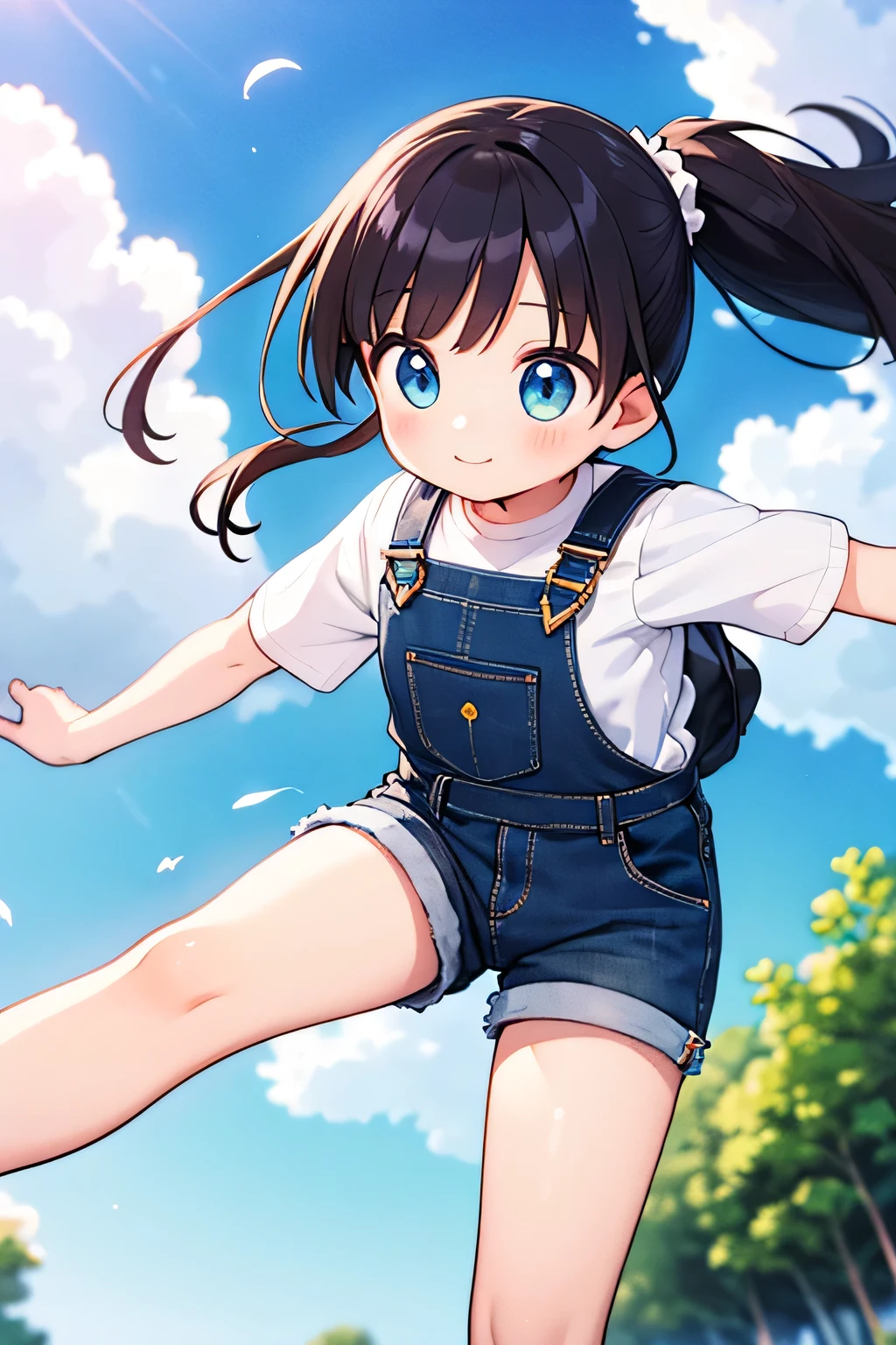 Top Quality、High Resolution、(high image quality:1.2)、masterpiece、detailed background、very detailed face、detailed eyes、age beauty、anatomically correct、perfect body line、Lively and active、Cute innocent smile、white and yellow striped t-shirt、pure enjoyment、a scene that makes you feel a sense of like free energy、soft hair fluttering in the wind、
(a scene where the expanse of the sky and the fresh atmosphere of the park harmonize:1.5)、
(kicks out your legs to the fullest and soars high and high while catching the wind:1.5)、
eyes sparkle in the distance、has an innocent smile as if flying through the sky、The blue sky is spreading and white clouds are gaping、denim overalls shorts、denim shorts、 short socks with ruffles 、Half Up Ponytail、side bun twin、cute