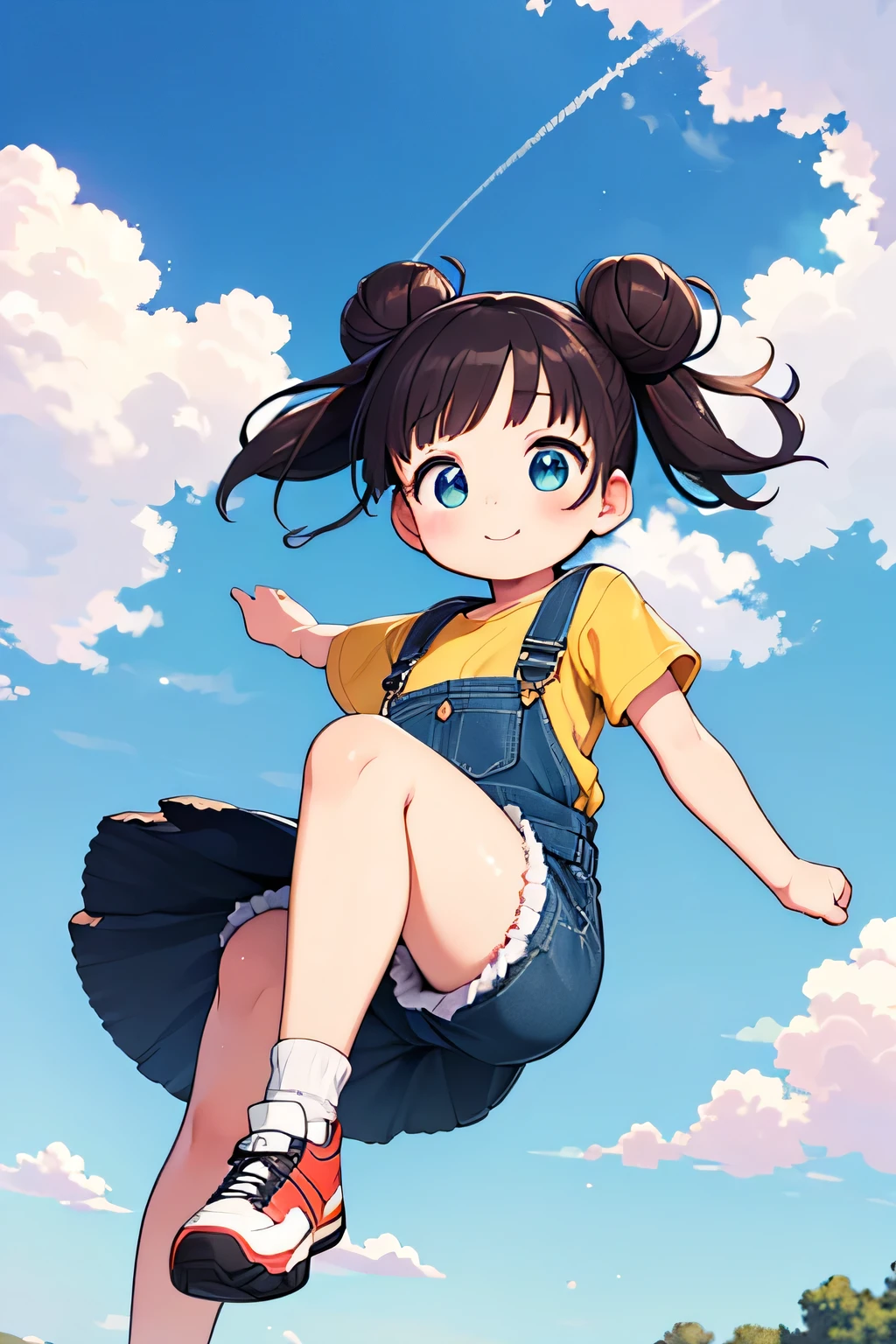 Small and slightly rounded body type。Overall it's cute、Gives a slightly childish impression。
Round face。Plump cheeks。
Big, round eyes。The eyes are black、Big eyes like an anime character。
Narrow and arched、Gives a gentle and cute impression。
the nose is small and round,。
The mouth is small、When you smile, both ends rise。A bright and cheerful smile。
Hairstyle:has short purple hair、The bangs are blunt。
He is wearing large round glasses.。Wearing a red cap、In front of the cap「Arare」it is written like this。Long blue overalls and a white T-shirt、Yellow Boots。
Raise your right hand high「Uncha」" he said cheerfully.。The left hand is on the hip。