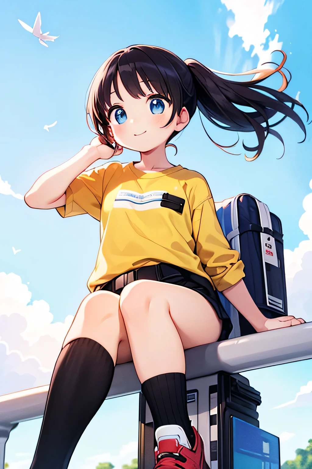 Top Quality、High Resolution、(high image quality:1.2)、masterpiece、detailed background、very detailed face、detailed eyes、age beauty、anatomically correct、perfect body line、Lively and active、Cute innocent smile、white and yellow striped t-shirt、pure enjoyment、a scene that makes you feel a sense of like free energy、soft hair fluttering in the wind、
(a scene where the expanse of the sky and the fresh atmosphere of the park harmonize:1.5)、
(kicks out your legs to the fullest and soars high and high while catching the wind:1.5)、
eyes sparkle in the distance、has an innocent smile as if flying through the sky、The blue sky is spreading and white clouds are gaping、Half Up Ponytail、side bun twin、cute