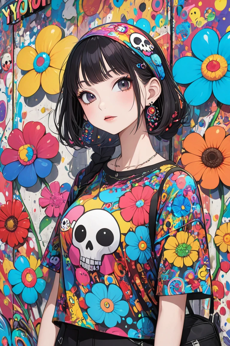 8K quality, watercolor painting, stylish design, (((The strongest beautiful girl of all time))), (((Japanese))), Fashionable hats, (((highest quality))), bob hair, HDR, ((Detailed details)), skull fashion, detailed clothing texture, (((graffiti art))), colorful hair, ((masterpiece))、((Super detailed))、colorful flowers