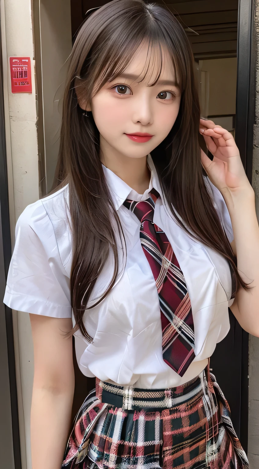 (beautiful girl、high school girl、 plaid midi skirt、high school uniform:1.3)、TOP QUALITY,8K image、Shapely breasts、straight hair、Chest Valley