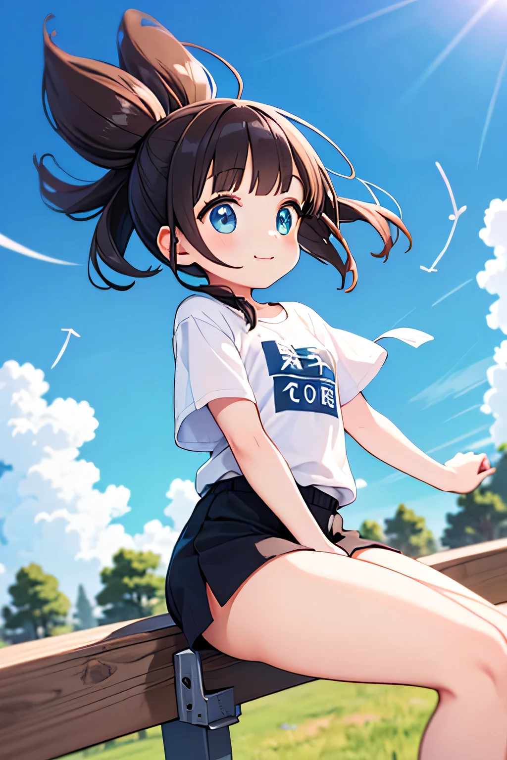 Top Quality、High Resolution、(high image quality:1.2)、masterpiece、detailed background、very detailed face、detailed eyes、age beauty、anatomically correct、perfect body line、Lively and active、Cute innocent smile、white and yellow striped t-shirt、pure enjoyment、a scene that makes you feel a sense of like free energy、soft hair fluttering in the wind、
(a scene where the expanse of the sky and the fresh atmosphere of the park harmonize:1.5)、
(kicks out your legs to the fullest and soars high and high while catching the wind:1.5)、
eyes sparkle in the distance、has an innocent smile as if flying through the sky、The blue sky is spreading and white clouds are gaping、Half Up Ponytail、side bun twin、cute