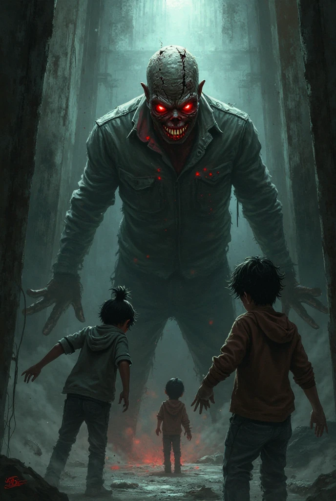 A young and attractive man with short black hair, beard of some and red eyes with claws in hands, you wear black hanley, black jeans and a black leather jacket and he is crouching in the middle of a dark forest at night roaring while behind him is a young and attractive boy with short brown hair, brown eyes and white skin with moles wearing jeans, a basic t-shirt and over the t-shirt a red and black checkered shirt