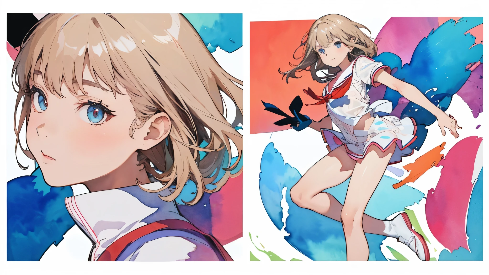(masterpiece, best quality), best resolution, (2heads:1.5), 1girl, colorful bikini, geometric, stripes, spread legs, (Highest Quality, Amazing Details:1.25), Brilliant Colorful Paintings, lineart