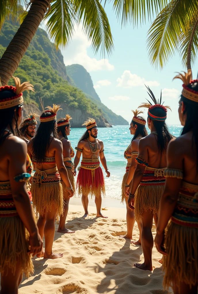 Holocene period, dark cloudy day with black clouds in the sky, Amerindian men looking in various directions, beardless indians, no bear observed, wearing feathers and plumes with shell necklaces from shore and Amerindian Neanderthal women, small stature,sturdy body, Chove forte, chest covered with colorful feathers and plumesfeathers covering the torso, , brown skin aborigines , savages wearing only a few colorful bird feathers , just dirty skin grandpa feathers, catching fish, turtle shells on the ground..lots and lots of shells on the floor, floor full of shells and seaweed few feathers cover the body , no clothes under the feathers no straw disheveled hair, hair spread out, messy hair, ugly hair masterpeiece on a remote beach in a sunny manan with lots of oysters, fish bones and on the floor , searching for shells on the sand, dead fish on the sand, piles of shells nearby