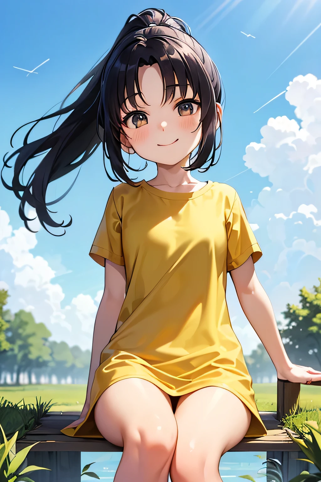 Top Quality、High Resolution、(high image quality:1.2)、masterpiece、detailed background、very detailed face、detailed eyes、age beauty、anatomically correct、perfect body line、Lively and active、Cute innocent smile、white and yellow striped t-shirt、pure enjoyment、a scene that makes you feel a sense of like free energy、soft hair fluttering in the wind、
(a scene where the expanse of the sky and the fresh atmosphere of the park harmonize:1.5)、
(kicks out your legs to the fullest and soars high and high while catching the wind:1.5)、
eyes sparkle in the distance、has an innocent smile as if flying through the sky、The blue sky is spreading and white clouds are gaping、Half Up Ponytail、side bun twin、cute