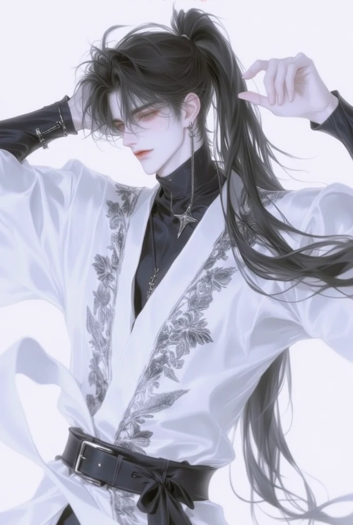 A handsome young, slender Chinese man who looks around 17 years old with dark, kind eyes. He has long black hair, that he keeps up in a half ponytail, and is usually seen with a mole on the side of his face. He wears simple, flowing white outfit with bandages wrapped around his arms, and sometimes also around his neck.