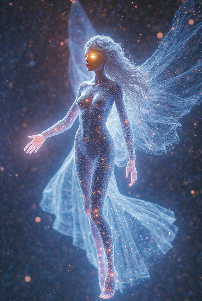 A beautiful and sexy female cosmic entity who has a very sexy body like Dr... Manhattan with several galaxies passing through its body