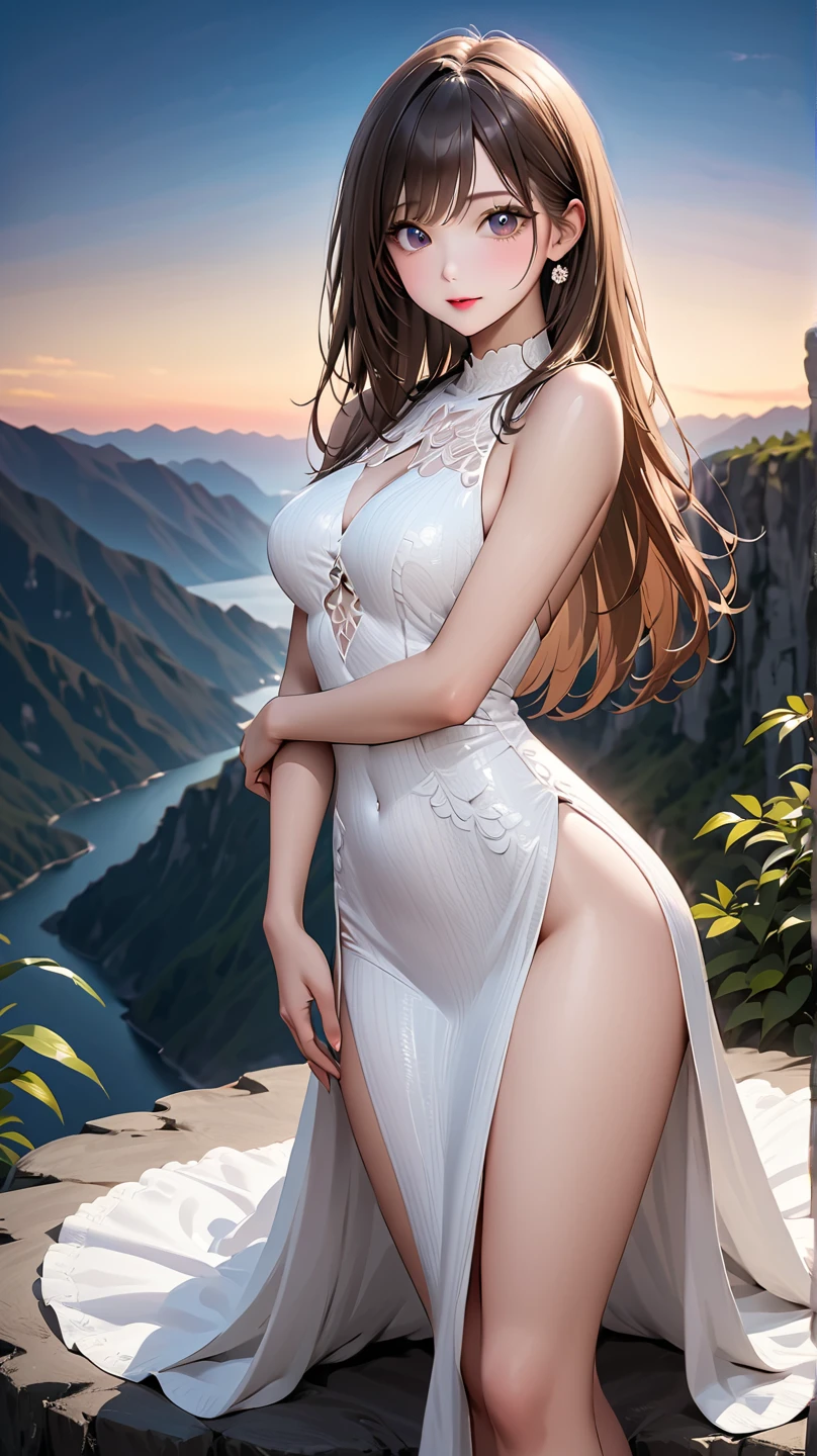 8K high-definition,Natural light exposure,Wild view,Realistic photos,Sexy beauty,Delicate facial features,largeeyes,eBlue eyes,slim build,Long legs,Bigchest,Red long-haired,curlies,Lying gracefully,big breasts exposed cleavage,The foreground lies among the flowers,Open your legs,Behind the Everest Snow Mountain,Rizhao Jinshan,Wildflowers fill the mountains,Lie down