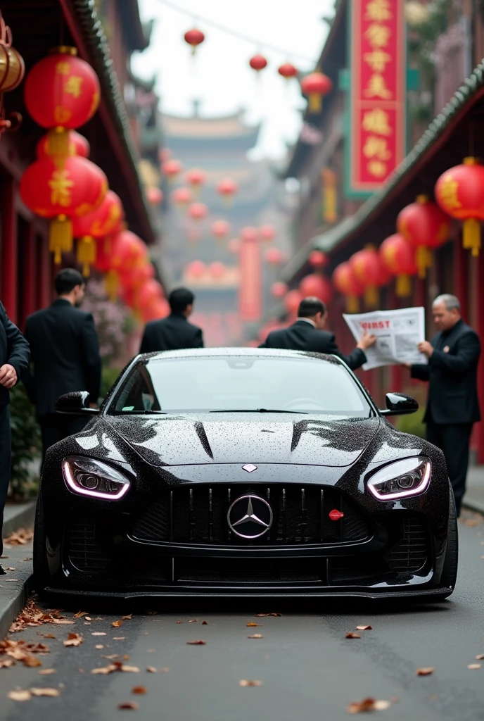 I want a picture of a black modified car left with big black wheels parked on the side on a Chinese street with Chinese lanterns and some Chinese people dressed in heavy suits reading a newspaper that says DSTRCT 7 20% Discount