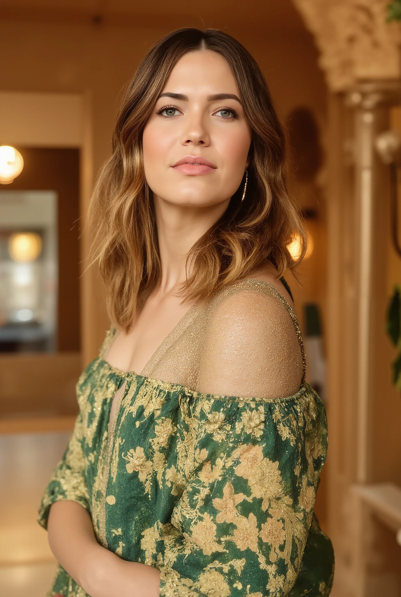 There is a pretty girl (Jennifer Grey), in a long, detailed lime green dress, pink rosas are growing in a bush with lights on the side, Pink Rose Lighting, beautiful and aesthetic, beautiful aesthetic, rosas, rosas in cinematic light, flores brilhantes, magic flowers, lindo iluminado, Flores bonitas, loiras, beautiful aesthetic lighting, dreamy aesthetic, ambiente bonito, laying on rosas, 🌺 sociedade cg, luzes com flor, Flores cor de rosa