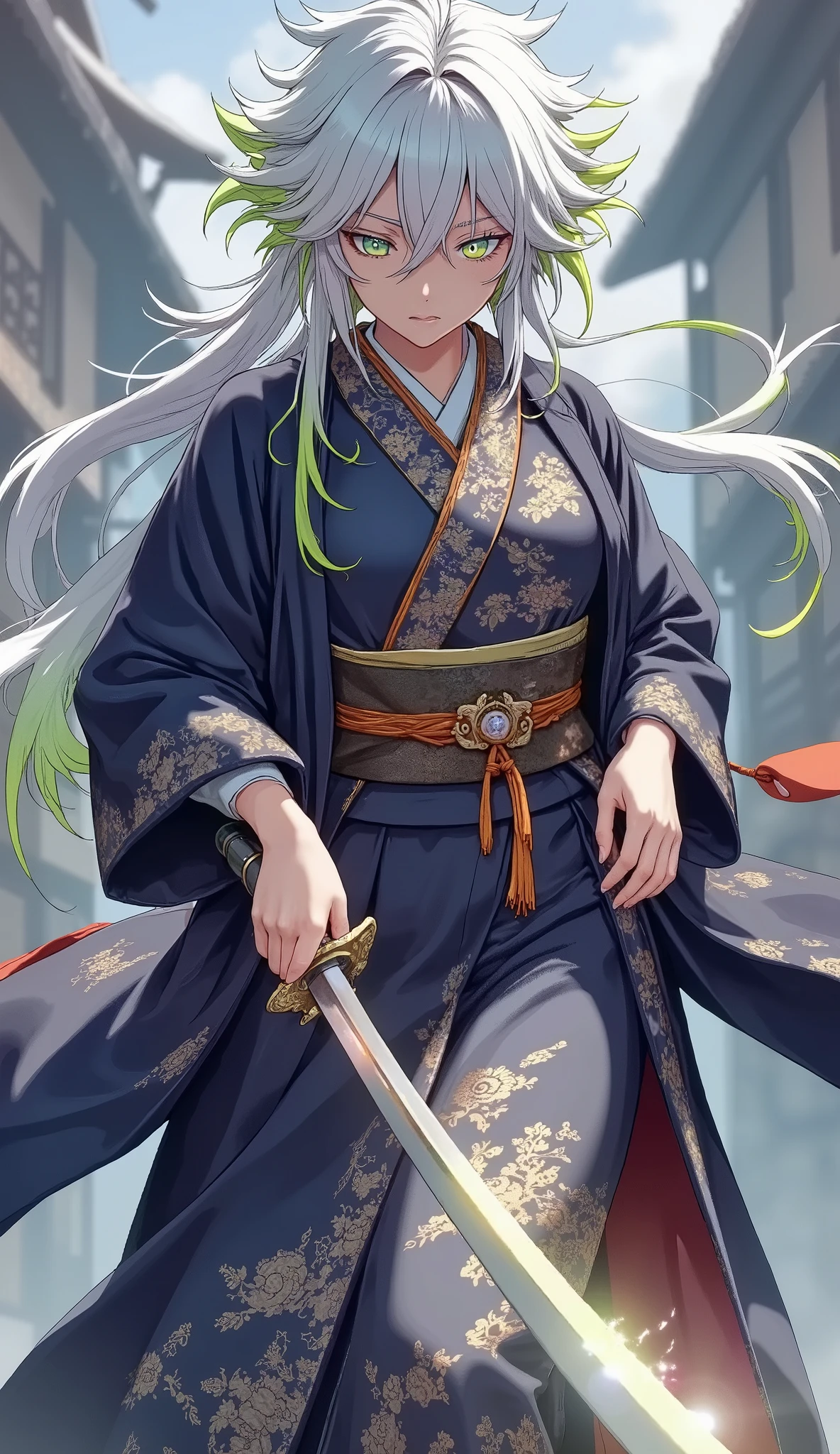 (character, Alone, Iai刀で斬る, Sword Drawing Technique, moment, Slash), Quick Dynamic Composition, hollywood style, 
( name  : yubu ／yubu race：half human and half elf\often mistaken for beastman\ gender : Female／female special skill : Iai、swordplay favorite food : sugar candy blood type : Type B personality : No Brutality。But、They tend to look cold even though they are good-natured。is often expressionless), 
multicolor dark tone, vivid colorful layer, 