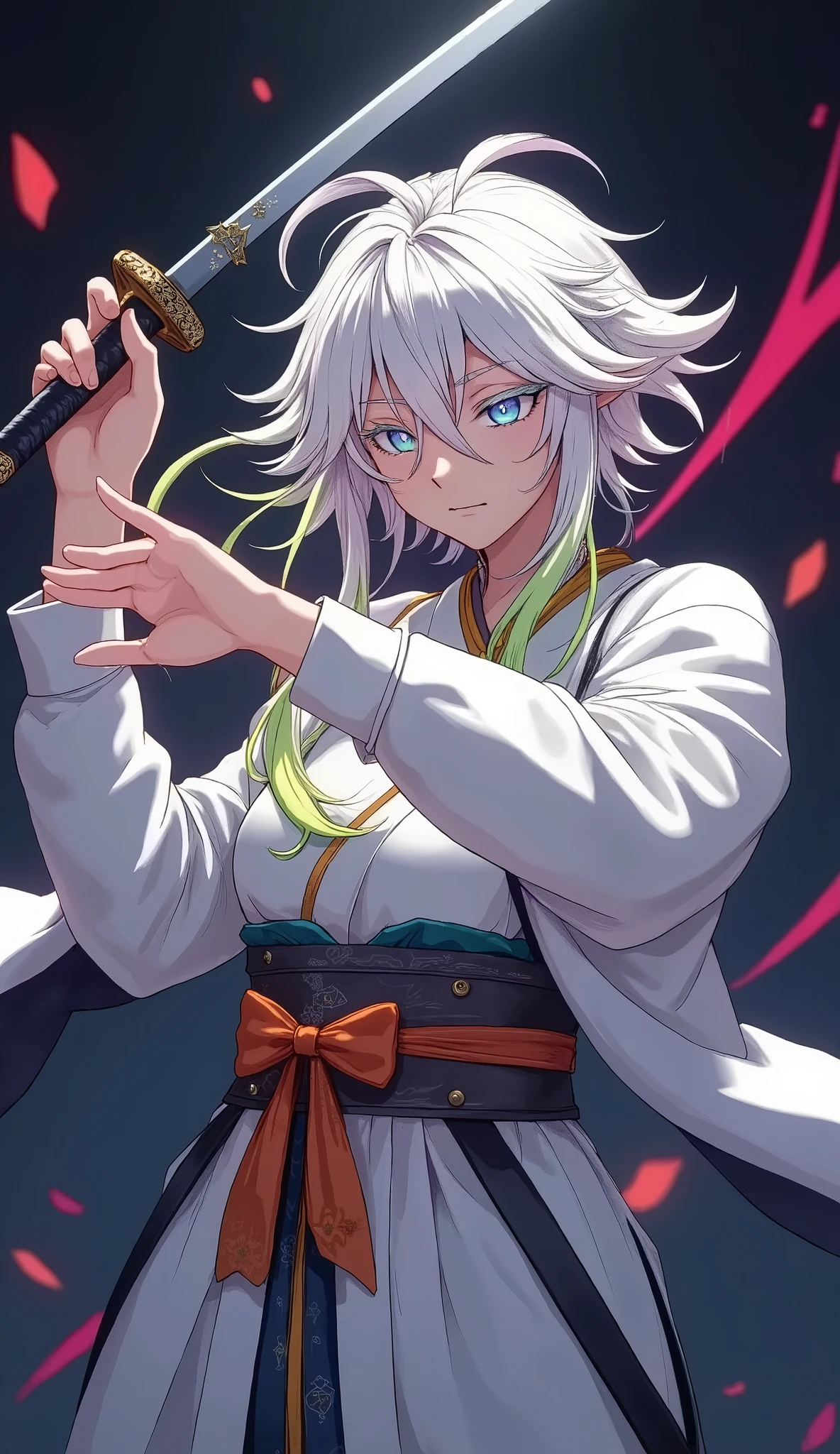 (character, Alone, Iai刀で斬る, Sword Drawing Technique, moment, Slash), Quick Dynamic Composition, Hollywood Style,
( name : yubu /yubu race:half human and half elf\often mistaken for beastman\ gender : Female/female special skill : Iai、swordplay favorite food : sugar candy blood type : Type B personality : No Brutality。But、They tend to look cold even though they are good-natured。is often expressionless),
multicolor dark tone, vivid colorful layer,