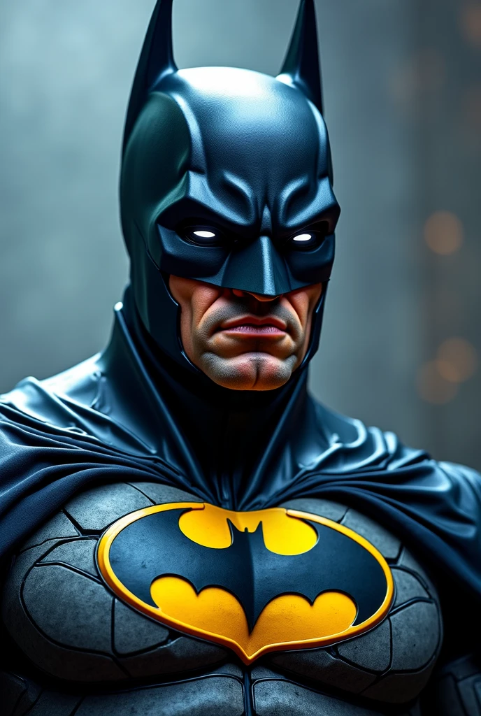 [Core Concept] A stone bust sculpture depicting the iconic superhero, Batman. [Character Description] The sculpture portrays a stoic and brooding Batman, his cowl casting dramatic shadows over his chiseled features. The expression is one of intense focus and determination, conveying the character's unwavering resolve to protect the city. [Environment/Background] The bust emerges from a plain, unadorned stone backdrop, allowing the powerful visage of the Dark Knight to take center stage. [Style and Atmosphere] The sculpture has a rugged, weathered aesthetic, with the rough-hewn stone surface accentuating the gritty and imposing nature of the character. The overall atmosphere is one of strength, resilience, and a sense of dark heroism. [Composition] The sculpture is designed with a strong, angular composition, mirroring the angular lines and sharp edges of Batman's iconic costume. The bust is positioned in a commanding, forward-facing stance, commanding the viewer's attention. [Details and Embellishments] Intricate details are carved into the stone, capturing the subtle textures and contours of Batman's cowl, the defined musculature of his jawline, and the intense gaze of his eyes. These meticulous details add depth and realism to the sculpture. [Technical Specifications] The stone bust sculpture is a large-scale, finely crafted work of art, showcasing the skilled craftsmanship of the sculptor. The use of durable stone material ensures the longevity and permanence of this powerful representation of the Batman character.