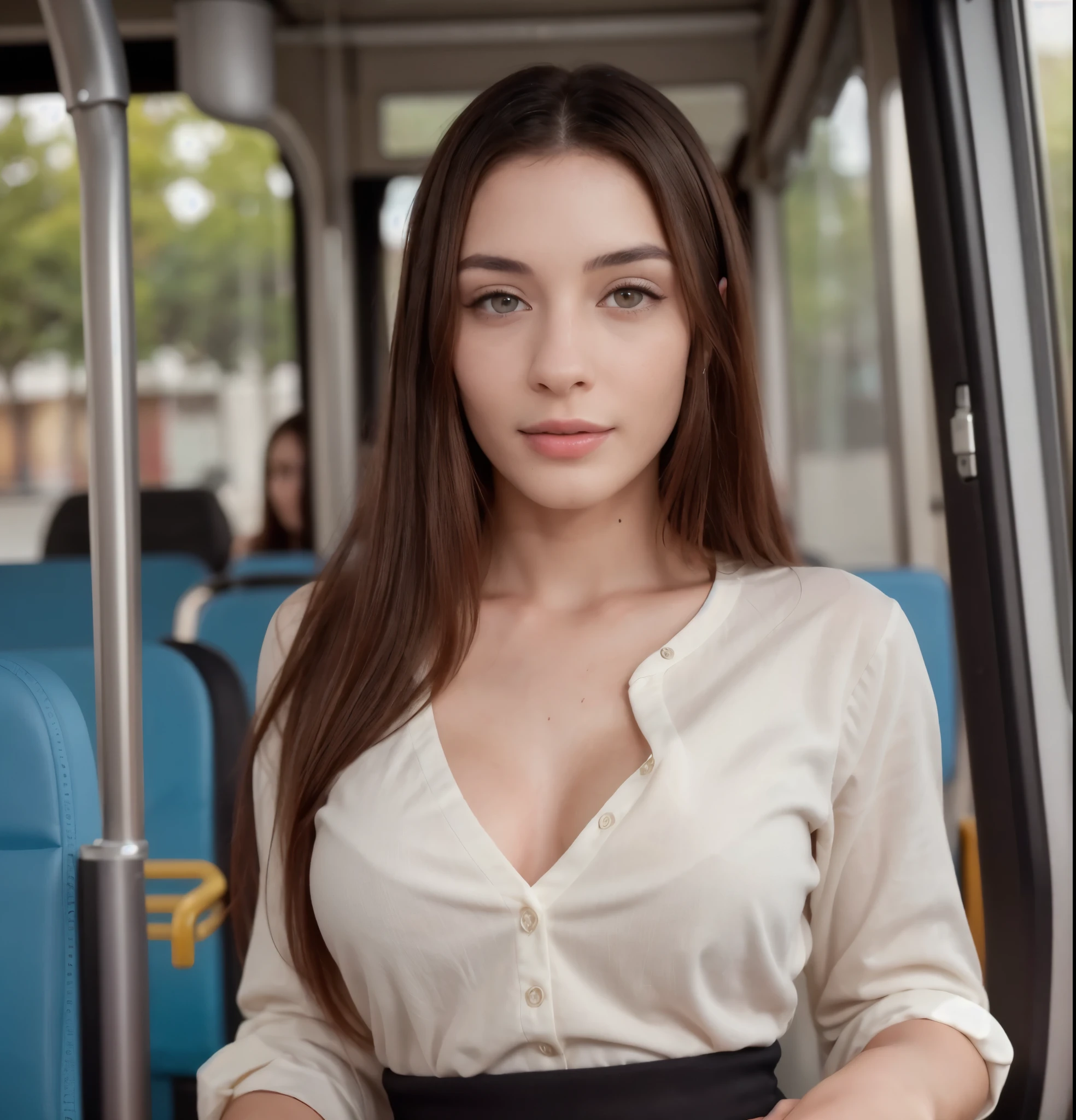 Beautiful woman with real AI, RAW photo, ((in bus:1.4)), (Highly detailed skin:1.5), Detailed eyes:1.0, High quality lighting:1.5, Beautiful, (long shirt, skirt,, Model legs:1.5, (High class:1.8), (Realistic:1.4), (High quality real skin texture:1.4), (Beautiful skin texture enhancement:1.1) Well-detailed eyes, Good quality eyes, Standing, 35 years old,, Perfect body beauty:1.4, Desire body:1.2, Body that arouses passions, Her complexion must be impeccable, Shows off her physical attributes, Real:1.8,, (zoom out:1.4),(best quality)), ((masterpiece)), (detailed), perfect face, long hair, (textures!, hair!, shine, color!, , specular lighting, dslr, ultra quality, sharp focus, very sharp, crystal clear, (beautiful face), (perfect lips). . (Defined body), (Perfect beauty), (Perfect nose), (Fine and clear eyebrows), (Beautiful and perfect beauty not exaggerated), (Subtle sensual makeup), (Pale, soft and smooth skin), (beautiful model, young and cute), (nerd appearance), (smooth curves), slender face. , ((Detailed facial features)), beautiful woman, , perfect legs, rich upper class. 8k, FHD, ((Ultra Res)) (Real face: 1.2), (Clear and vivid colors) full body