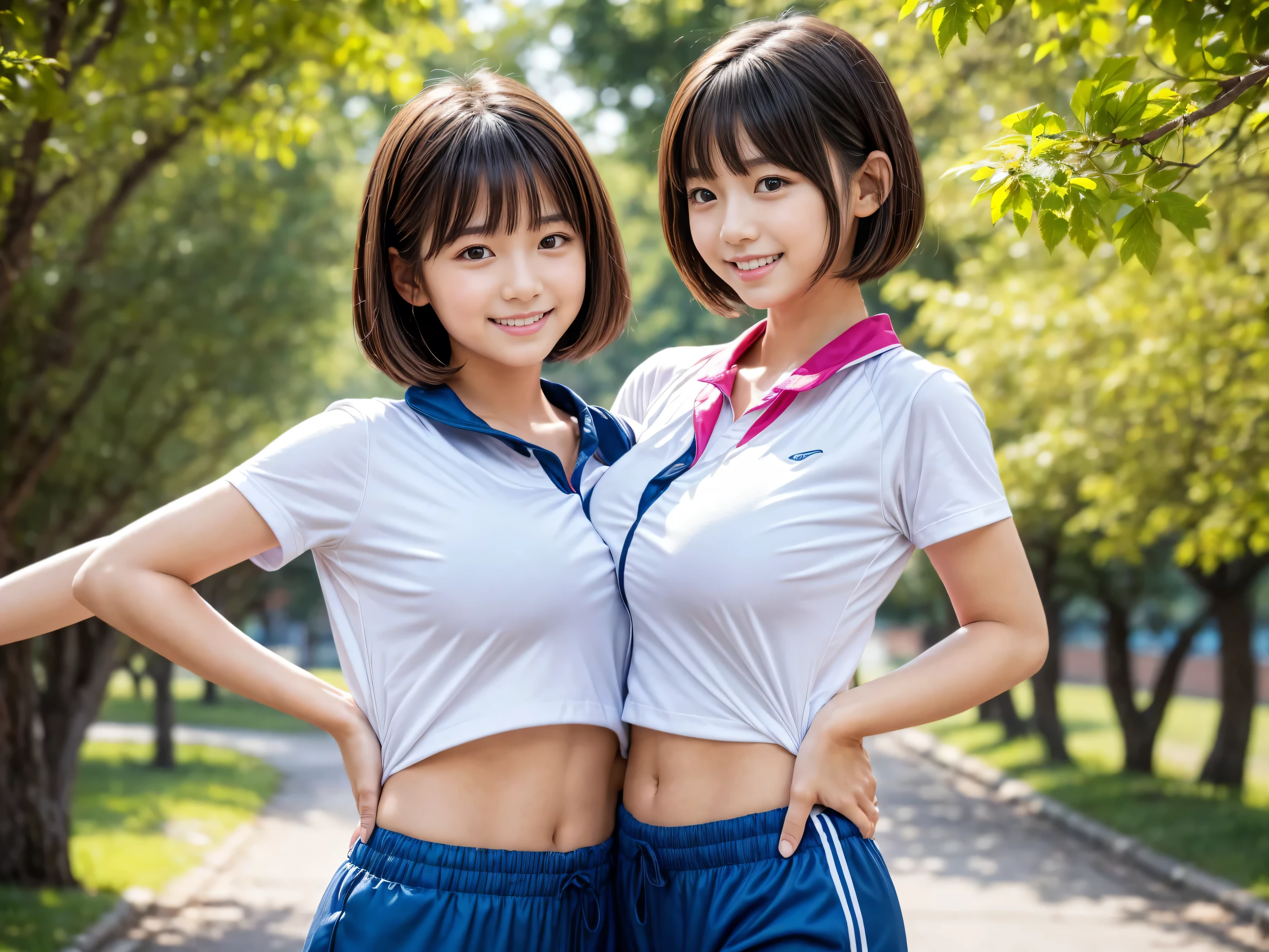(masutepiece:1.5)、(top-quality:1.5)、(16k wallpaper:1.2)、(Photorealsitic:1.2)、(ultra-detailliert:1.2)、(超A high resolution:1.2)、super-detaild skin、Detailed and clean eyes、(Multiple males and one female:.3)、(Touching women's breasts:1.3)、(Having sex:1.3)、Sitting with your knees upright、spreading legs、Natural Color Lip、White short-sleeved T-shirt and navy blue sports panties 、Clean thighs、An 18-year-old woman、Semi-long bob hair、large full breasts、Red cheeks、Smile with wide open mouth、School sports ground、White High Socks、sexy pose