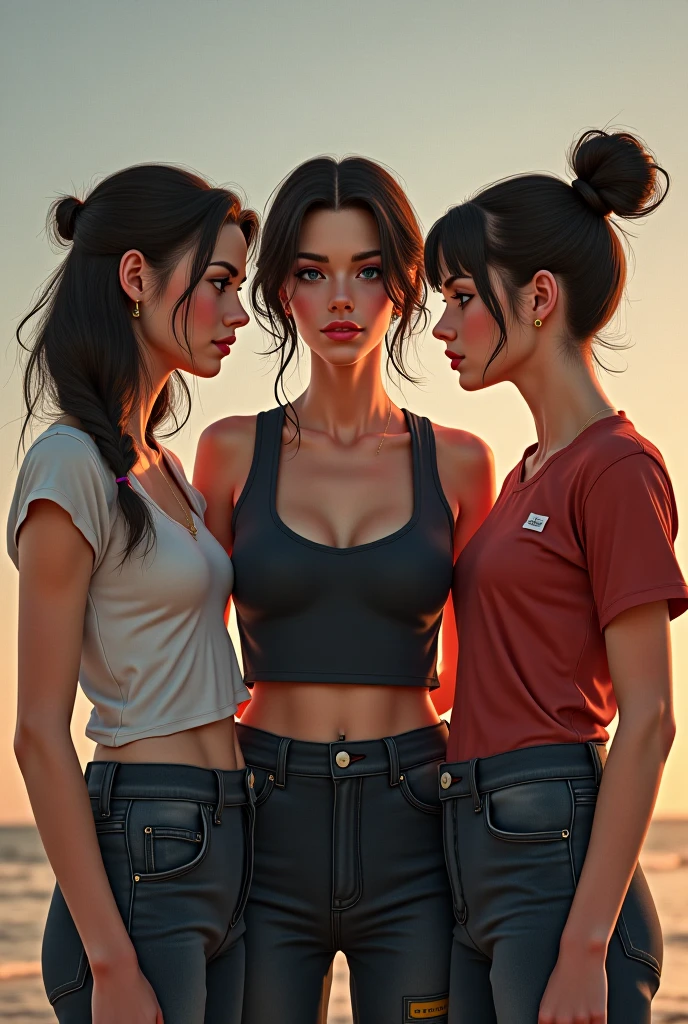 2 beautiful girls, 18 yo, large body, slim thick, fit, atheltic, muscular, (green or grey or blue eyes), (sandy brown or light brown hair), curly or straight hair, short or long hair, braided hair or loose, realistic skin, flawless skin, Melania Trump's eyes, lupita nyong'o's arms, black chyna's waist, black chyna's hips, very narrow waist, exaggerated hips, muscular legs, thick legs, kim kardashians booty, round and perfect butt, emily ratajkowski's breasts, sfw, (first girl looks like Megan Fox, angelina jolie and yara shahidi) (second girl looks like zendaya, Monica Bellucci, Nicola Minetti and sophia loren) (wearing ripped jean short shorts and ripped and torn white crop top (clothes in tatters) clothes ripped up, tears, cleavage ) (in apocalyptic cityscape scene, fires burning, full of overgrowth, plants, green growing, ruined buildings, cloudy, illuminated by fires) ((surrounded by apes and monkeys and gorillas))