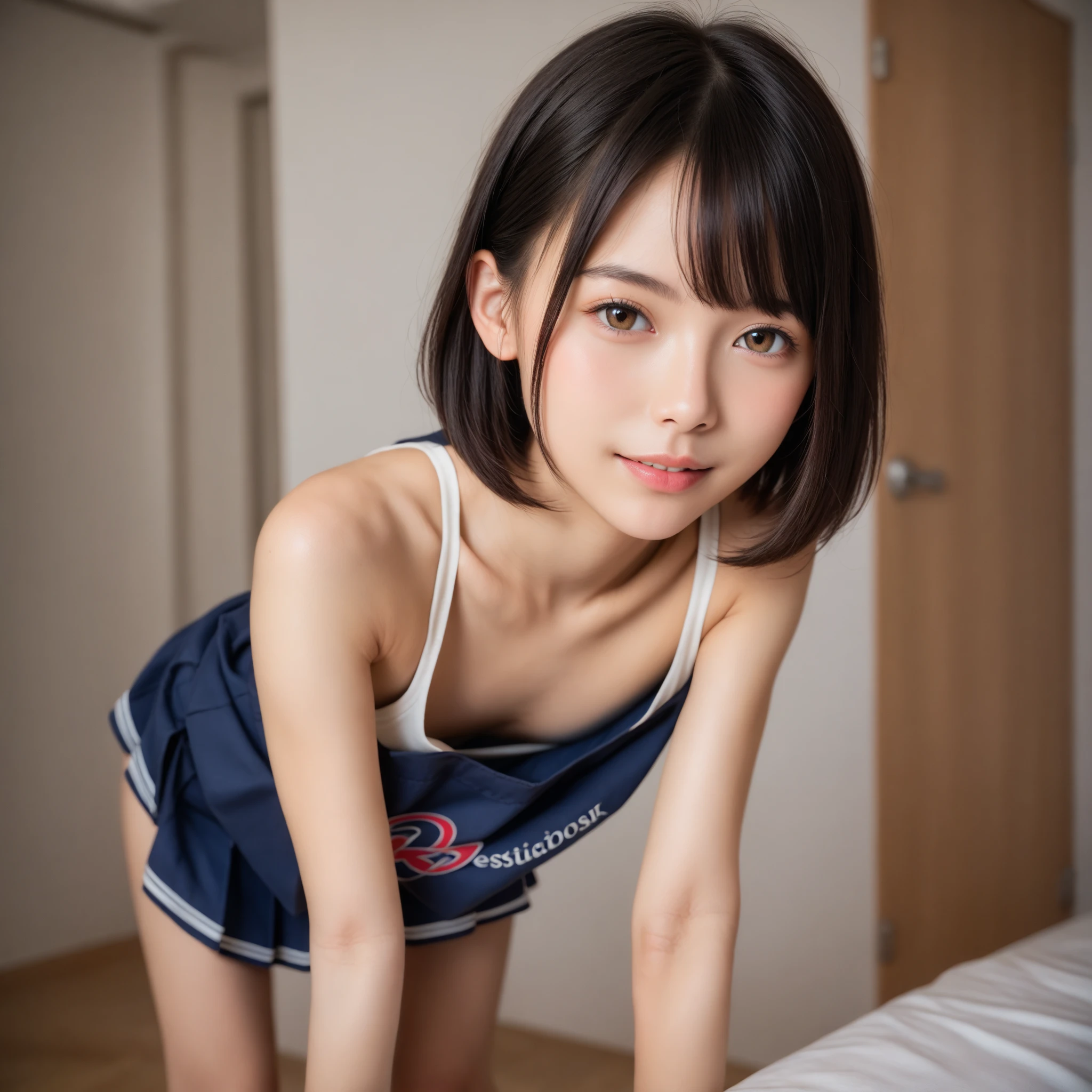 (masterpiece:1.2), Very detailed, Ultra-high resolution, (Realistic, photo Realistic:1.6), High-resolution RAW color photos, Professional photos, Dramatic lighting, Sensual movie scenes、Sharp focus:1.2, (Very detailed顔と肌の質感, Very beautiful eyes, Glossのある肌, Glowing Skin, Glowing Skin, Shining Face, Gloss, Oily skin, greasy face, Oily skin, greasy face,), Perfect Anatomy, Very detailed背景, 1 female, 25-year-old woman, Japanese women,,Young and sexy gravure idol,Height: 168cm, (Short Bob Hair, Straight hair, bangs:1.3, Brown Hair), (Lean:Weight 1.0), (Flat Chest:1.7),(Slender legs:1.4),(dim:1.4),(((Hotel Bedroom))),((Dark navy strapless one-piece swimsuit、Japanese School Swimsuit)), Wet swimsuit,(((Erect nipples:1.3))),(real Glossのある肌 texture), ((Small Ass, Beautiful legs)),((((Browsing Caution)))),Earrings,((On all fours)),((((Browsing Caution))))、((Seeking sexual activity)),((Asking for a kiss))