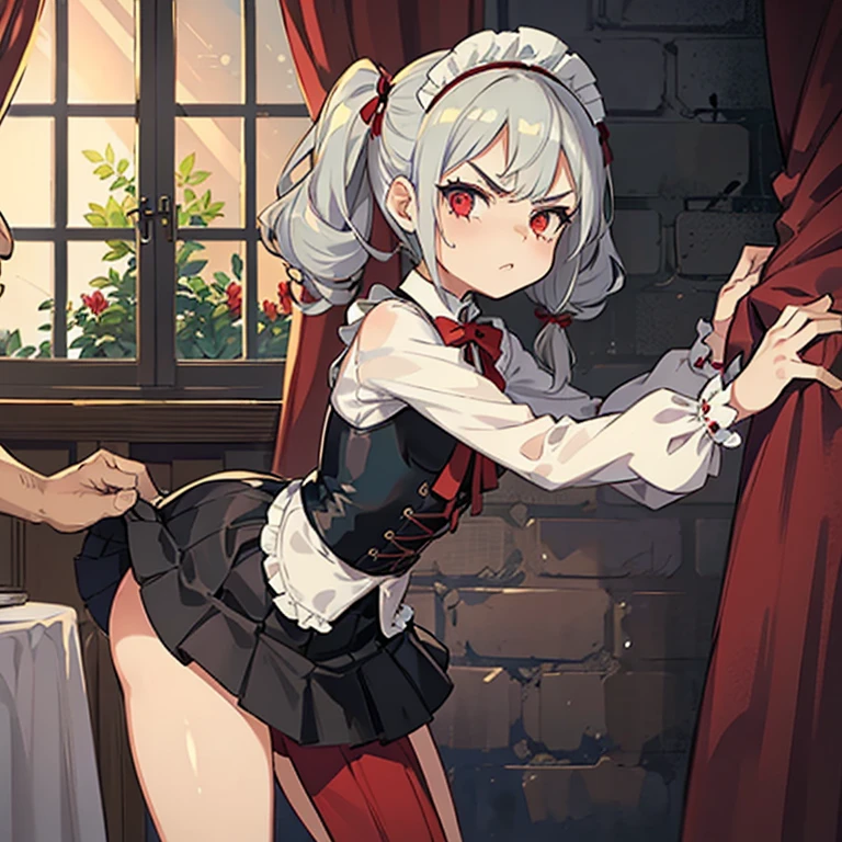 Girl with gray hair, ((curly and fringed hair)), ((short curly ponytail)), curly hair, (red eyes), ((small bushy eyebrows)), wearing gothic lolita clothing, lolicon, walking to school. , bored look, boring face, standing in the middle of a church during mass, suddenly having sex in public, ((doggy style sex)), (bare ass in male crotch, perfect anatomy, young altar boy dressed in red cassock and Roquete ,fucking her
