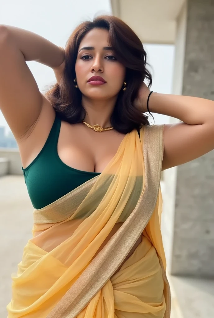 Nsfw, walking in a moonlit courtyard, forest background, mythical forest, huge trees, exotic girl, indian, vivacious, looking at the viewer, shining skin, perfect lighting, the embodiment of grace and elegance, provocative pose, smiling seductively, (yellow translucent bra and saree), Big breasts, curvy ass, clear curvy details, beautiful curves, detailed eyes, detailed pupil, long shining hair, volumetric lighting, Ultra Detailed, unity 8k wallpaper, ultra detailed, aesthetic, masterpiece, best quality, photorealistic