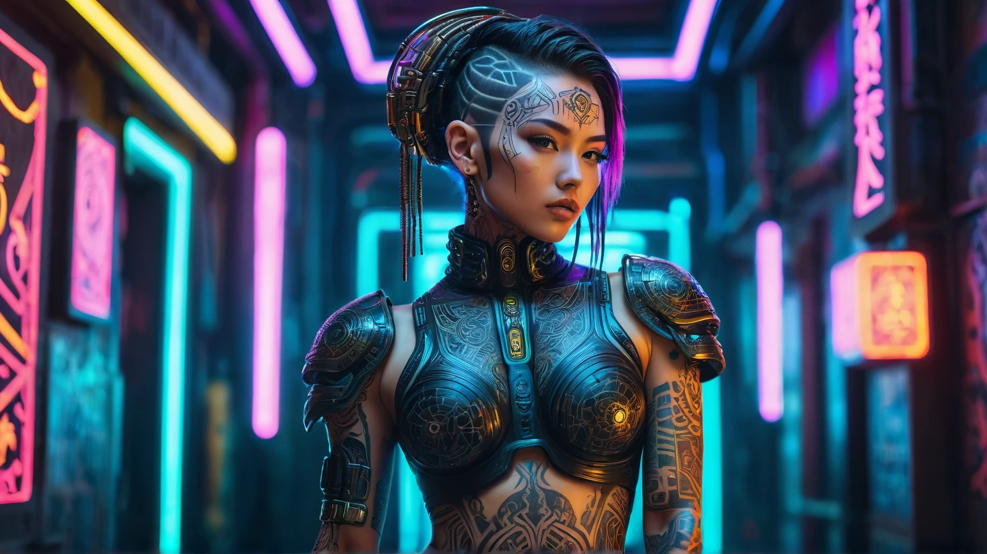 detailed cinematic photography of Beautiful young teen cyberpunk techno priestess, tribal tattoos, a beautiful cyberpunk cell, standing proud, neon lit, image to represent madness abstract beauty, near perfection, pure form, intricate detail Outrageously stunning detailed photo realistic cinematic photography
