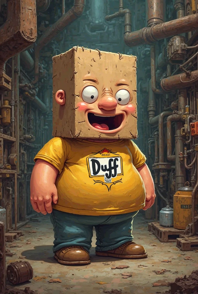 Peter Griffin in cardboard style wearing a shirt with Duff written on it and with the background of a factory