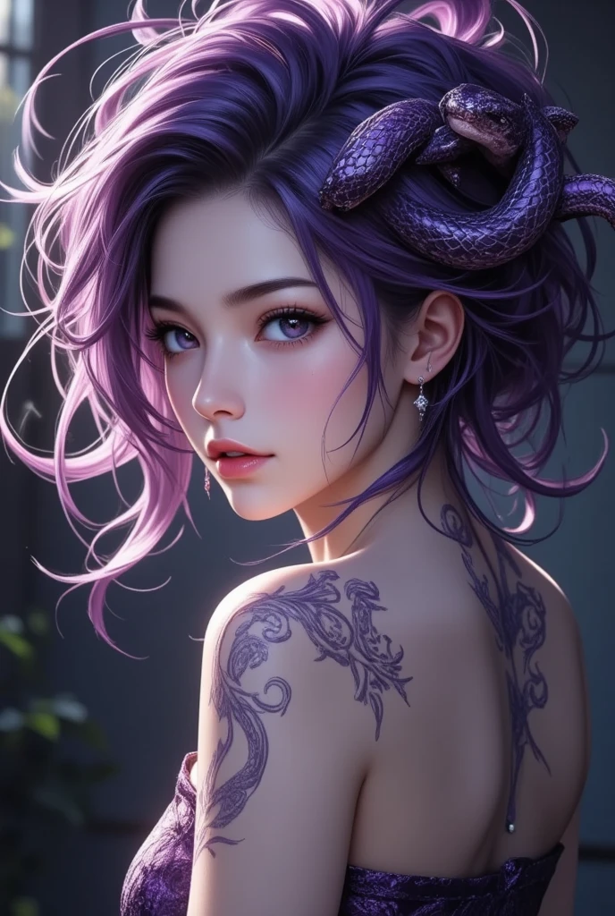 A woman with a purple snake on her head