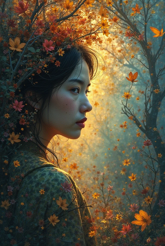 closeup, samdoesarts style beautiful woman, in a park with orange leafs , by jeremy mann, by sandra chevrier, by dave mckean and richard avedon and maciej kuciara, white tank top and jeans, high detailed, 8k