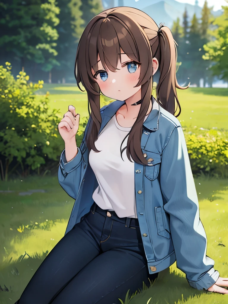 1girl, 23 yro, cowboyshot, long brown hair, side ponytail, loose wispy layers, hazel blue eyes, tired distant-looking eyes, denim jacket, black pants, sitting in nature, laying on the ground, cute, absurdres, high res, ultrasharp, 8K, masterpiece