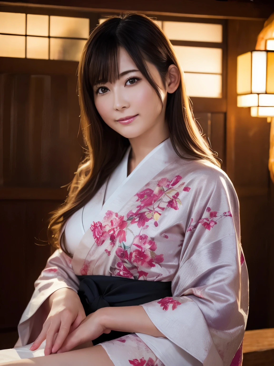 (photorealistic:1.4), (Top image quality:1.0), (超High Resolution:1.0), 8k, Raw photosy, (masterpiece:0.2), (pureerosface_v1:0.5)、(最高のquality Detail:1.2)、realistic、 8k uhd、High Resolution、(1 girl:1.2)、Ultra Detailed、High quality textures、 delicate details、 details、非常 detailsなCG、High quality shadows、Detail Beautiful Delicate Face、 beautiful delicate eyes、depth of field、ray tracing,1 girl, Japanese Girl, cute, slender, Black Kimono, Japanese Patterned Kimono ,フ Laura ルのシュシュ, beautiful skin, in front,sit, stretch your back「to all of your followers」says,Put your hands together gracefully,Smiling Japan,Japanese Garden, upscale Japanese-style room , Sky Porn, magic hour, (realistic:1.3), 細かく detailsなプッシー, quality, (masterpiece:1.2), (photorealisticです:1.2), (最高のquality), (複雑なdetails), dramatic, ray tracing, photos, + Laura