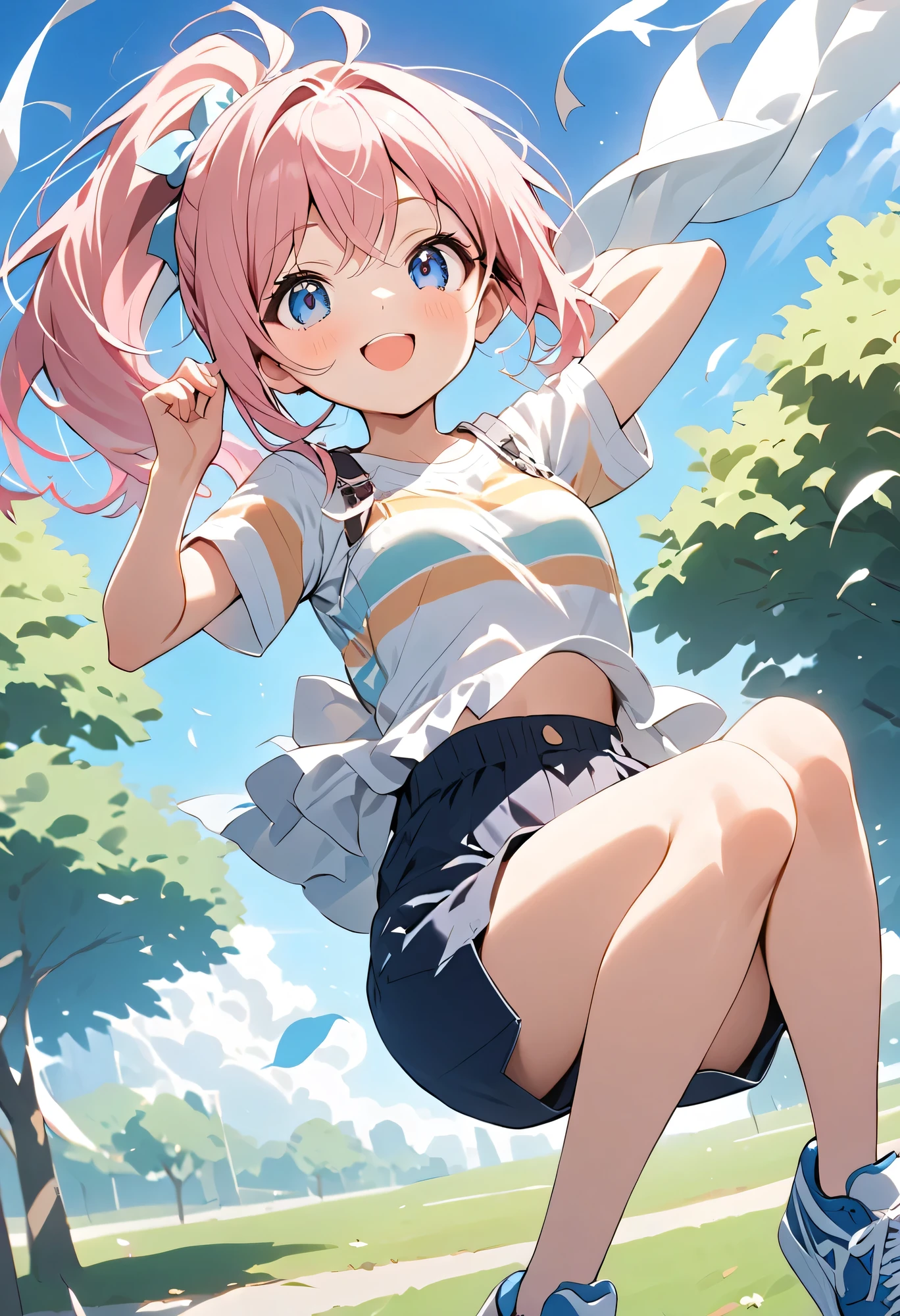Best quality、High Resolution、(high image quality:1.4)、masterpiece、detailed background、very detailed face、detailed eyes、age beauty、anatomically correct、perfect body line、Lively and active、Cute innocent smile、white and yellow striped t-shirt、pure enjoyment、a scene that makes you feel a sense of like free energy、soft hair fluttering in the wind、(a scene where the expanse of the sky and the fresh atmosphere of the park harmonize:1.5)、(kicks out your legs to the fullest and soars high and high while catching the wind:1.5)、eyes sparkle in the distance、has an innocent smile as if flying through the sky、The blue sky is spreading and white clouds are gaping、Half Up Ponytail、cute