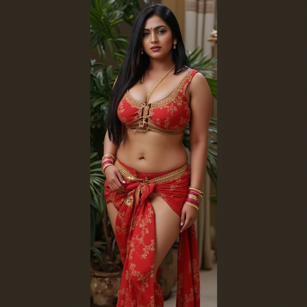A healthy beautiful indian women, fair skin, large tight healthy breasts, hour-glass body shape, perfect body, wearing red silk saree