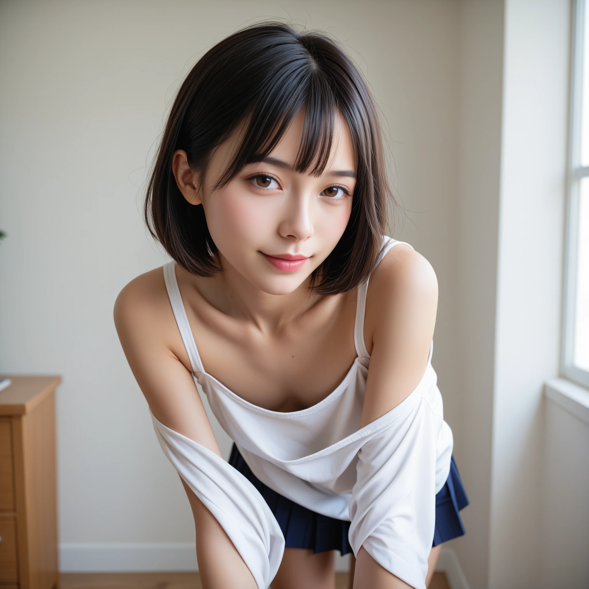 masutepiece, Best Quality, 8K, 20 year old, small titig eyes))、Raw photo, absurderes, award winning portrait, Smile, Solo, Daytime, Idol face, Delicate girl, Upper body, Digital SLR, Looking at Viewer, Candid, Sophisticated, Thin arms, soft light rays、Professional Lighting, chromatic abberation, (Eyes and faces with detailed:1.0), ((NSFW:1.7、realisitic))、1girl in, Look at viewers, Young Face、Satisfied look, (( Opening legs、Open your legs、Crotch main)),Putting out the chest、‎Classroom、tits out、small tits